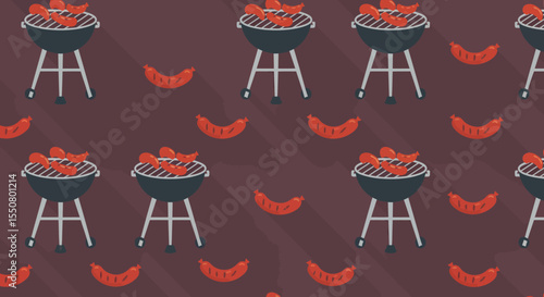 Repeating pattern of charcoal grills with sausages and scattered sausages.