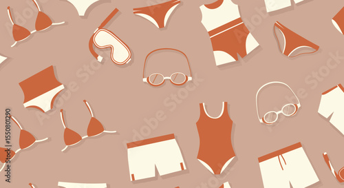 Retro Swimwear Pattern Swimsuits Goggles and Trunks in Earthy Tones.