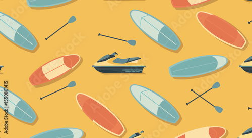Seamless pattern of jet skis surfboards and paddles on a golden yellow background.
