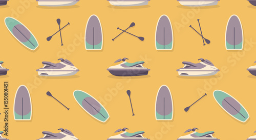 Seamless pattern of stylized jet skis paddleboards and paddles on a yellow background.