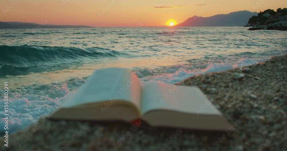 custom made wallpaper toronto digitalA book on a pebbled shore facing sea waves during sunset in summer Croatia