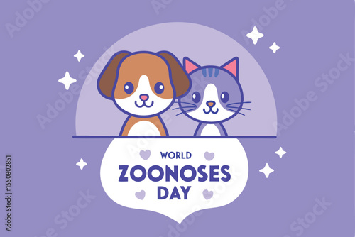 Cute dog and cat celebrating world zoonoses day with purple background