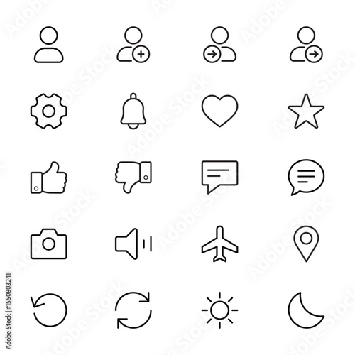 A basic user interface line icon set for web and mobile apps with user profile like notification symbols. Fully scalable and customizable.
