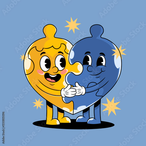 Two smiling, cartoon puzzle pieces, one yellow and one blue, perfectly interlock to form a heart, symbolizing unity, connection, and joy.