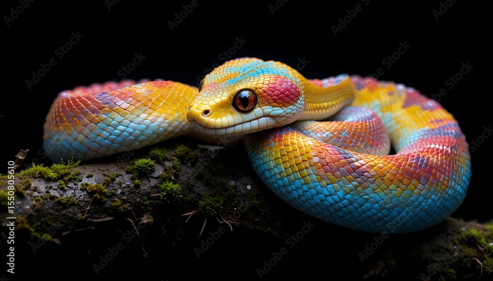 Fototapeta premium A Colorful Snake Coiled On A Branch With Moss Against A Dark Background