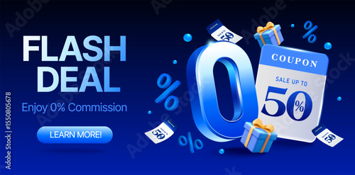 3d coupon with 0 percent icon, gift boxes and gift vouchers flying around, isolated on deep blue background. Flash deal discount banner template with zero percent in 3d vector. Vector illustration