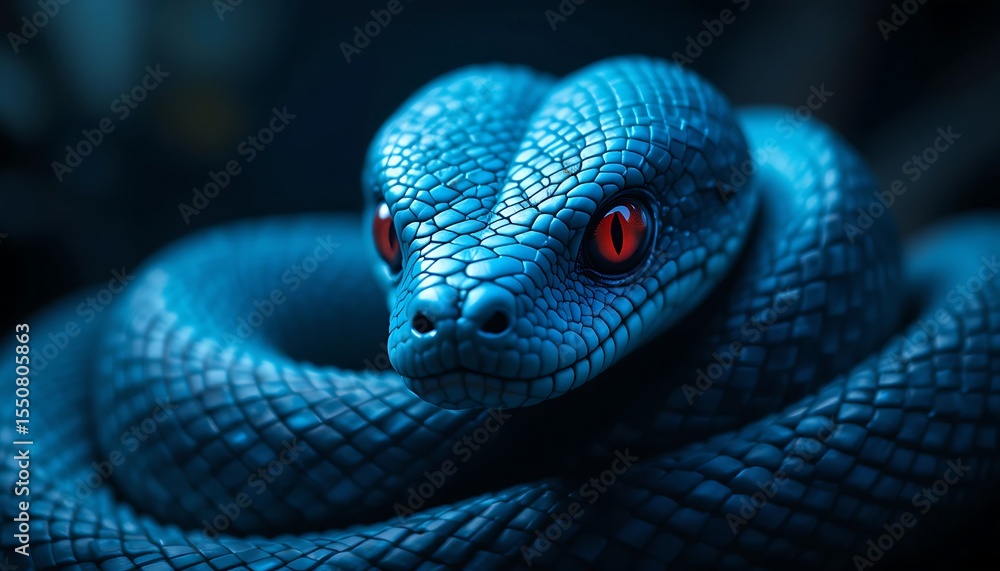 Fototapeta premium Mystical Blue Snake With Red Eyes and Dark Background