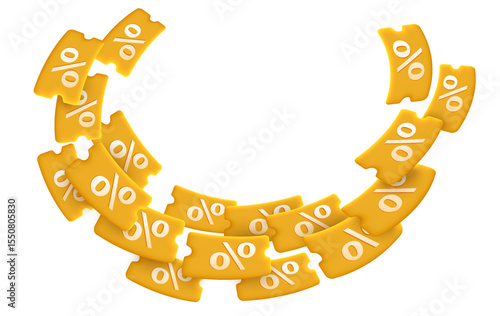 Ring of flying 3d coupons, isolated on white background. Unlimited doupon code giveaway. 3d Voucher promotion with percentage off. Special promotion banner. . Vector illustration