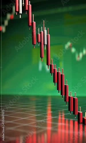 Descending candlestick chart on grid background illustrating financial data trends