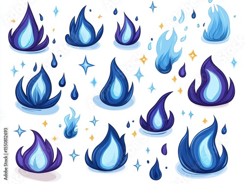 Collection of stylized blue flames with water droplets and sparkle accents