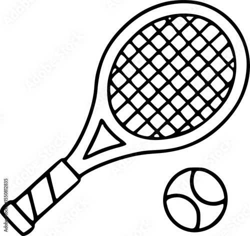 Simple hand-drawn tennis racket and ball line art clip art.