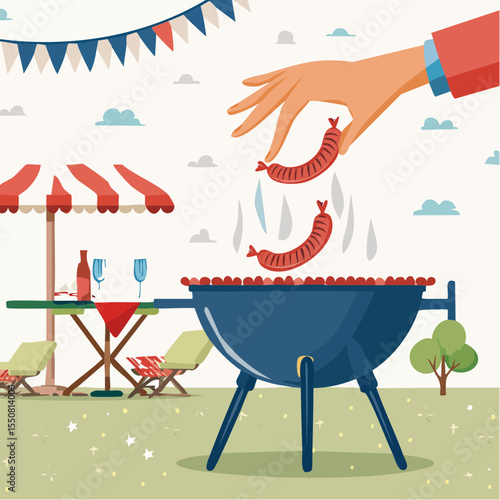 Woman's hand adjusting sausages on a charcoal grill, smoke curling up, festive 4th of July decorations in background, creating a vibrant outdoor cooking atmosphere