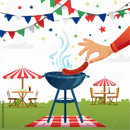 Woman's hand adjusting sausage on charcoal grill with smoke curling up, surrounded by festive 4th of July decorations and outdoor dining setup, creating a celebratory atmosphere