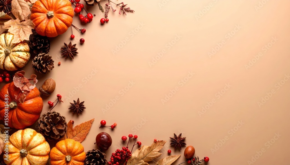 Fototapeta premium Autumn harvest decor thanksgiving celebration decorative elements cozy home environment top view seasonal aesthetics for festive vibes