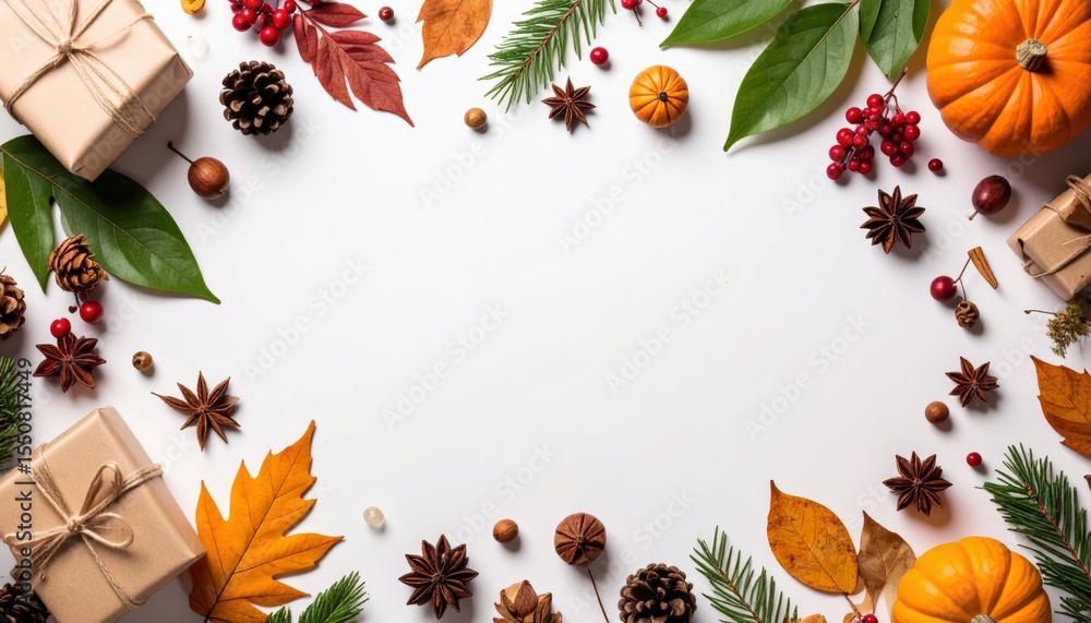 Obraz premium Festive autumn celebration with gifts and decorations cozy home setting image composition natural elements aerial view seasonal vibes