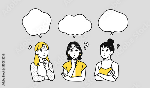悩む 考える 若い女性 ふきだし セット