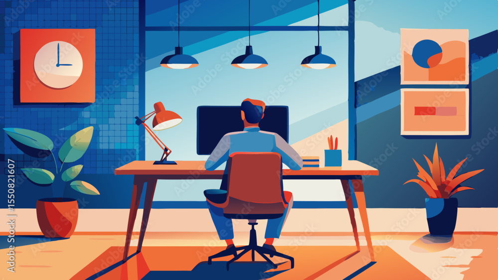 Person working at desk in modern office illustration Person working at desk in modern office illustration