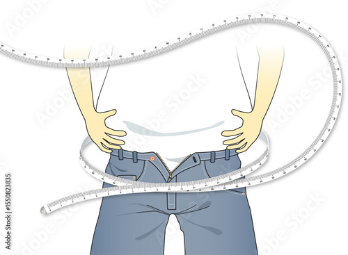 メジャーで胸囲を測定する太った男性のイラスト