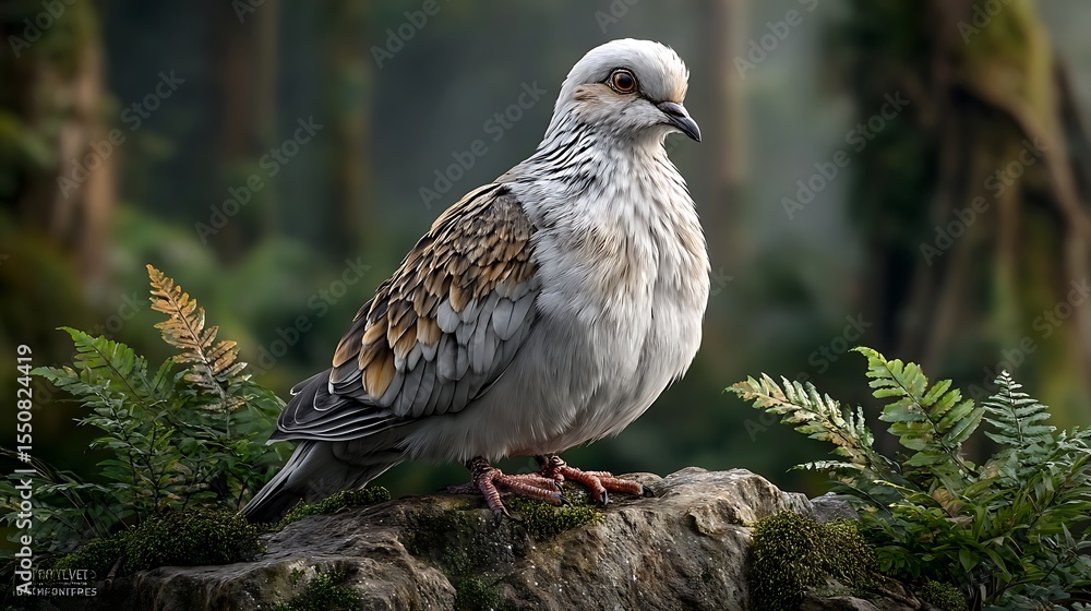 Obraz premium A white dove resting on a mossy rock in a tranquil forest glade, dappled light playing across its soft feathers. .jpg