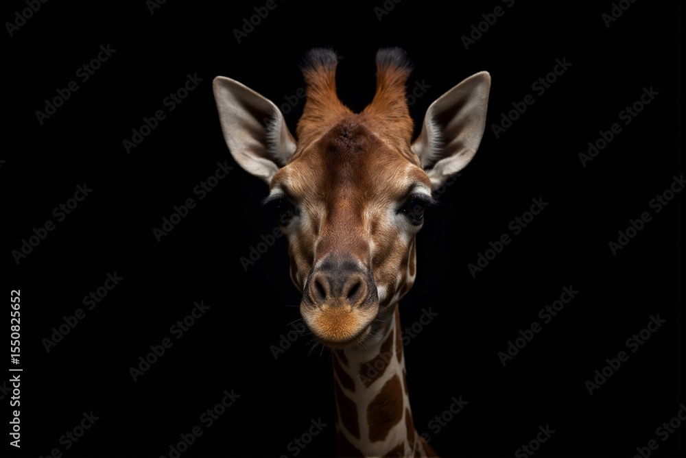 Naklejka premium Curious Baby Giraffe: Dramatic Close-up Portrait with Rim Lighting