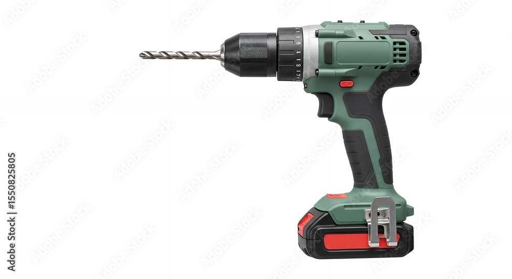 Green and gray power drill with battery Green and gray power drill with battery