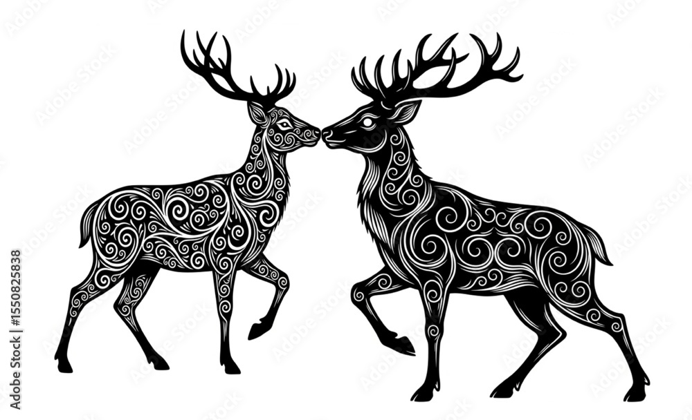 Obraz premium Two ornate deer illustration on white background