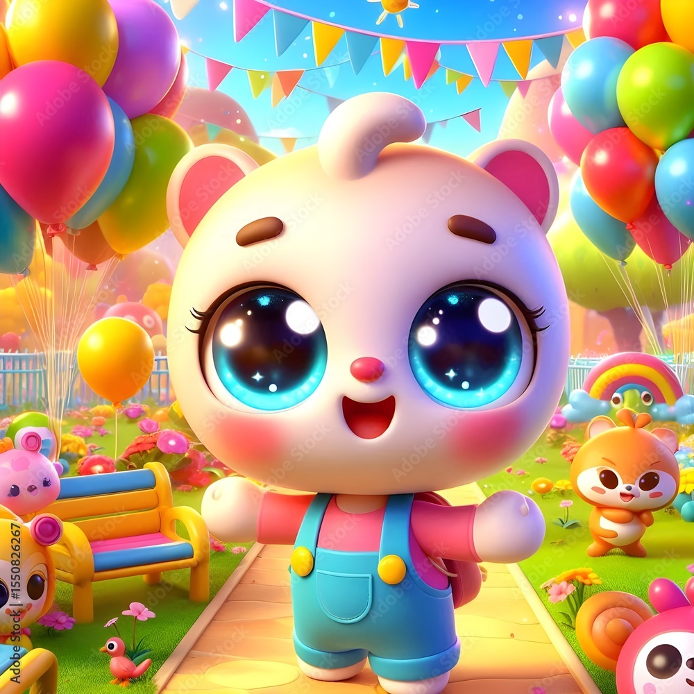 Fototapeta premium Adorable white bear cub character with big eyes enjoying a colorful cartoon park full of balloons and animal friends