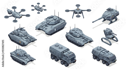 Military Vehicles and Drones Isometric Illustration Set