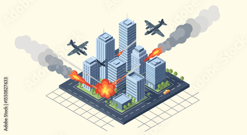 Isometric City Under Aerial Attack  Burning Buildings and Explosions
