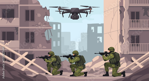 Drone Surveillance in War-Torn City Military Operation