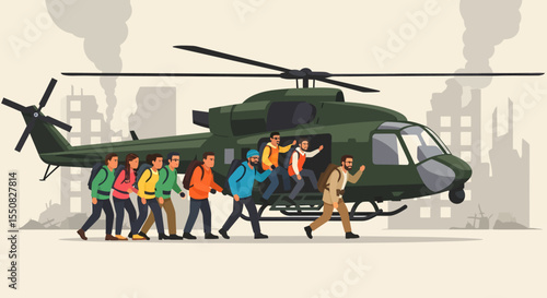 Helicopter Evacuation Refugees Seeking Safety Amidst Destruction