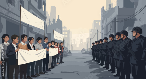 Civil Unrest Protestors Confronting Riot Police in a Desolate City