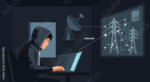 Cybersecurity Hacker Targeting Power Grid Digital Threat Illustration