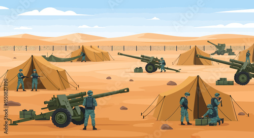 Desert Military Camp Soldiers and Artillery in Arid Landscape