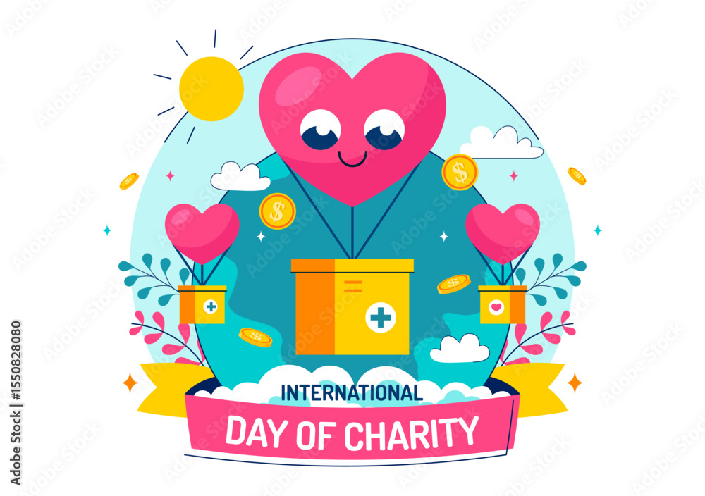 Obraz premium International Day of Charity Vector Illustration on September 5th Featuring a Donation Package and Love Concept by a Volunteer in a Flat Background