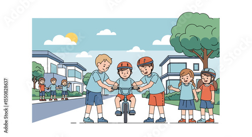Adobe illustrator artwork vector illustration of kids learning to ride a bicycle. Friends support a young boy in a friendly neighborhood, a happy childhood moment
