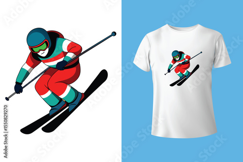 Ski winter sport vintage typography t shirt design with glasses and skier silhouette	