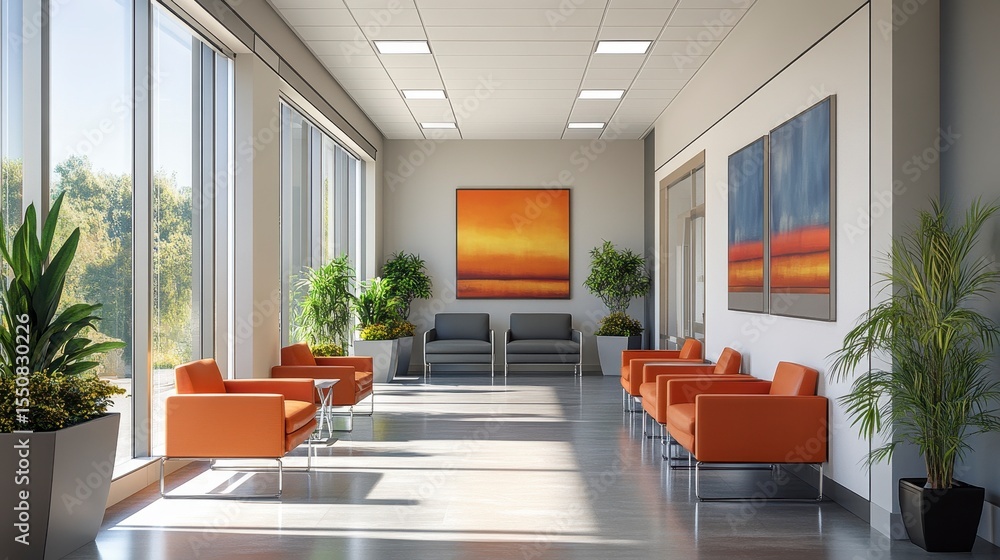 Fototapeta premium Bright and Airy Waiting Room with Orange Chairs and Artworks