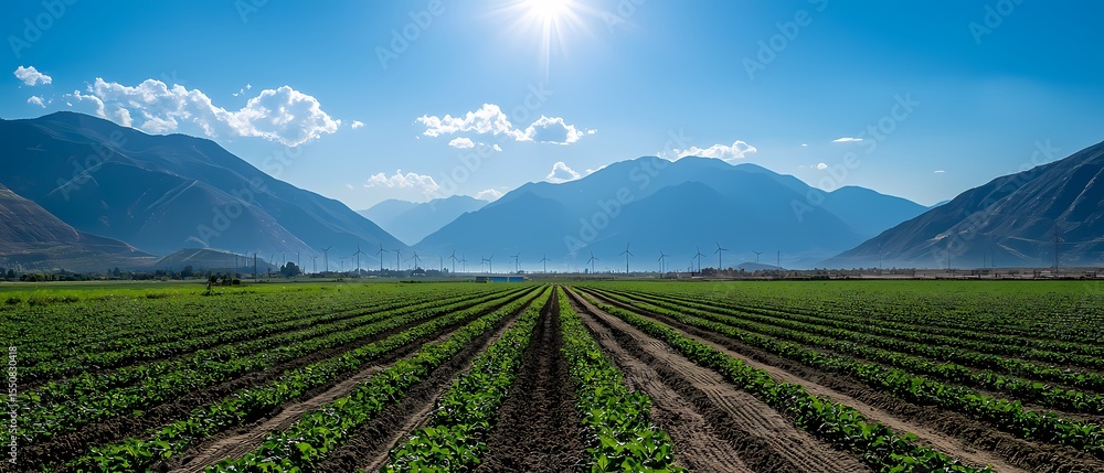Fototapeta premium Serene Agricultural Landscape with Rows of Plants under Bright Sun