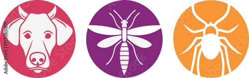 Vector illustrations of dog mosquito and spider in colorful circular backgrounds