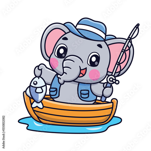 Cute Elephant Fishing On Boat Cartoon Vector Icon Illustration. Animal Sports Icon Concept Isolated Premium Vector. Flat Cartoon Style