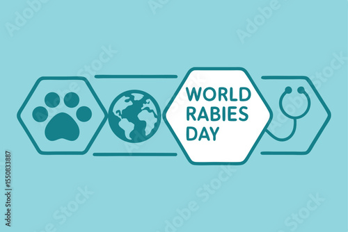 World rabies day awareness graphic with paw print globe and stethoscope elements