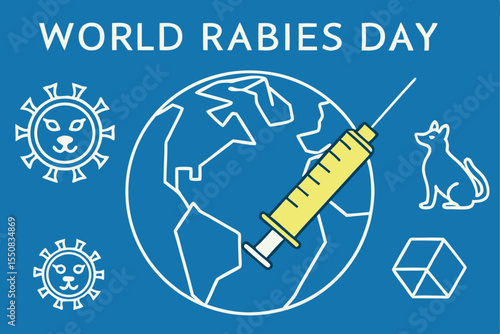 World rabies day awareness with globe syringe and dog illustration