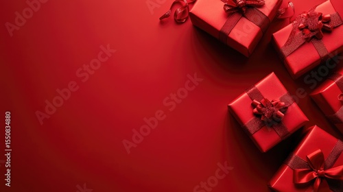 Red gift boxes arranged on a vibrant red background