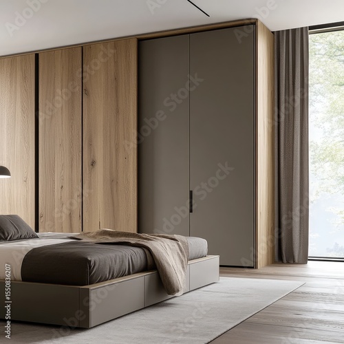 Minimalist bedroom with modular wardrobe and drawers 