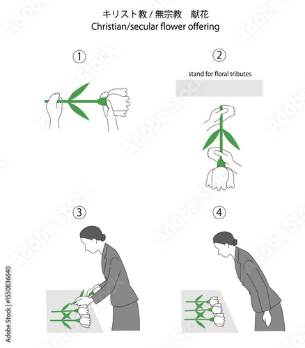 キリスト教、無宗教の葬儀、献花のやり方のベクターイラスト