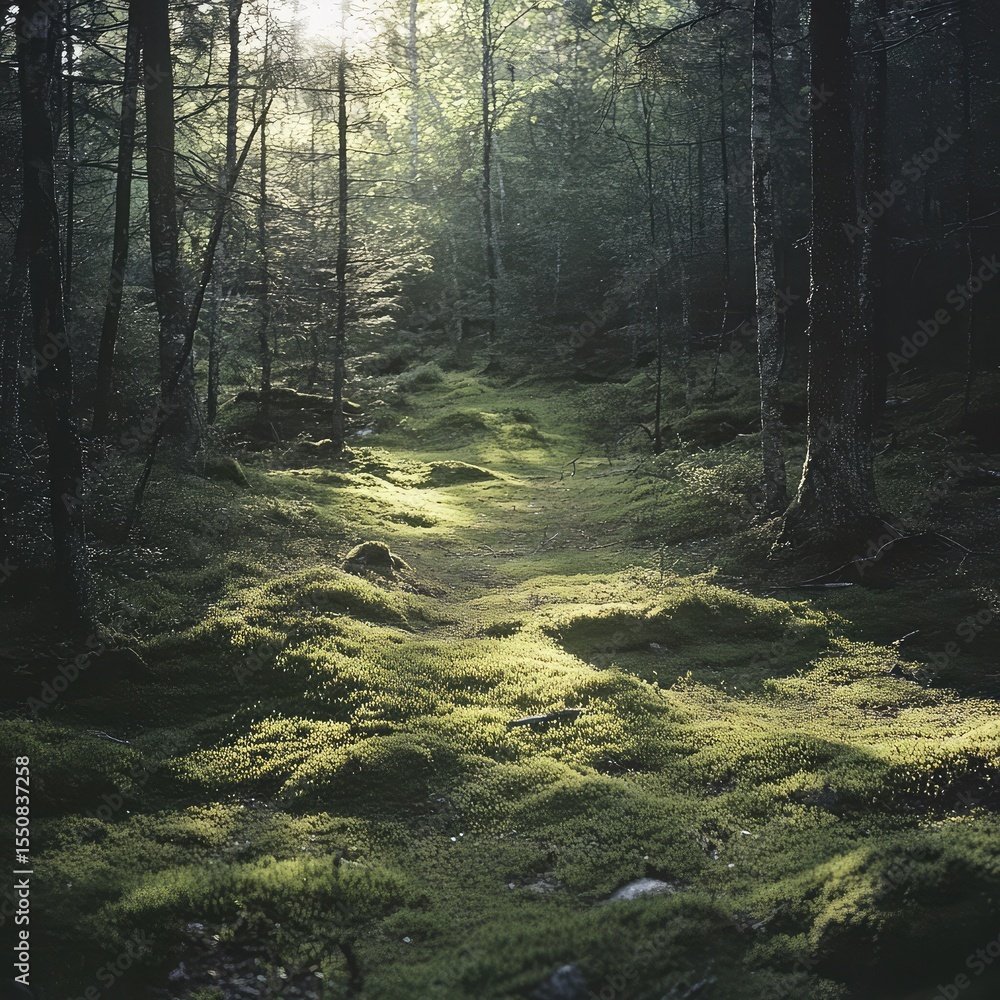 Obraz premium The gentle forest light in this photo illuminates the moss-covered ground, casting long, serene shadows 