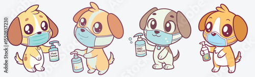 Adorable dog animal wearing masks and using sanitizer, Stay safe in style simple flat design vector.