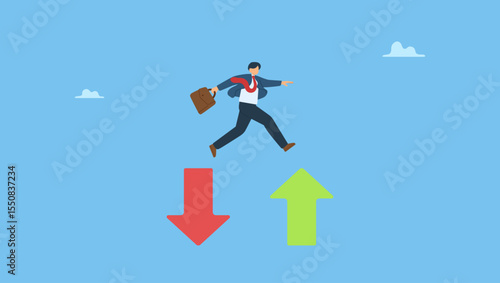 Vector illustration of confidence businessman investor jump from red pointing down arrow to green rising up. Financial plan, saving and investment or stock market rebound and economic recover concept.