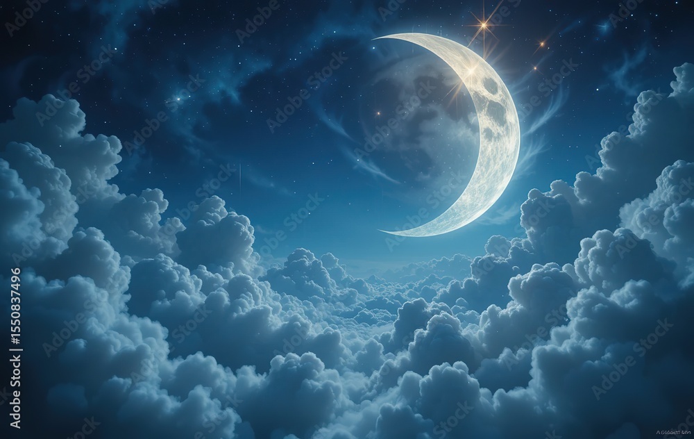 Obraz premium Dreamy Crescent Moon and Glowing Star Night Sky
